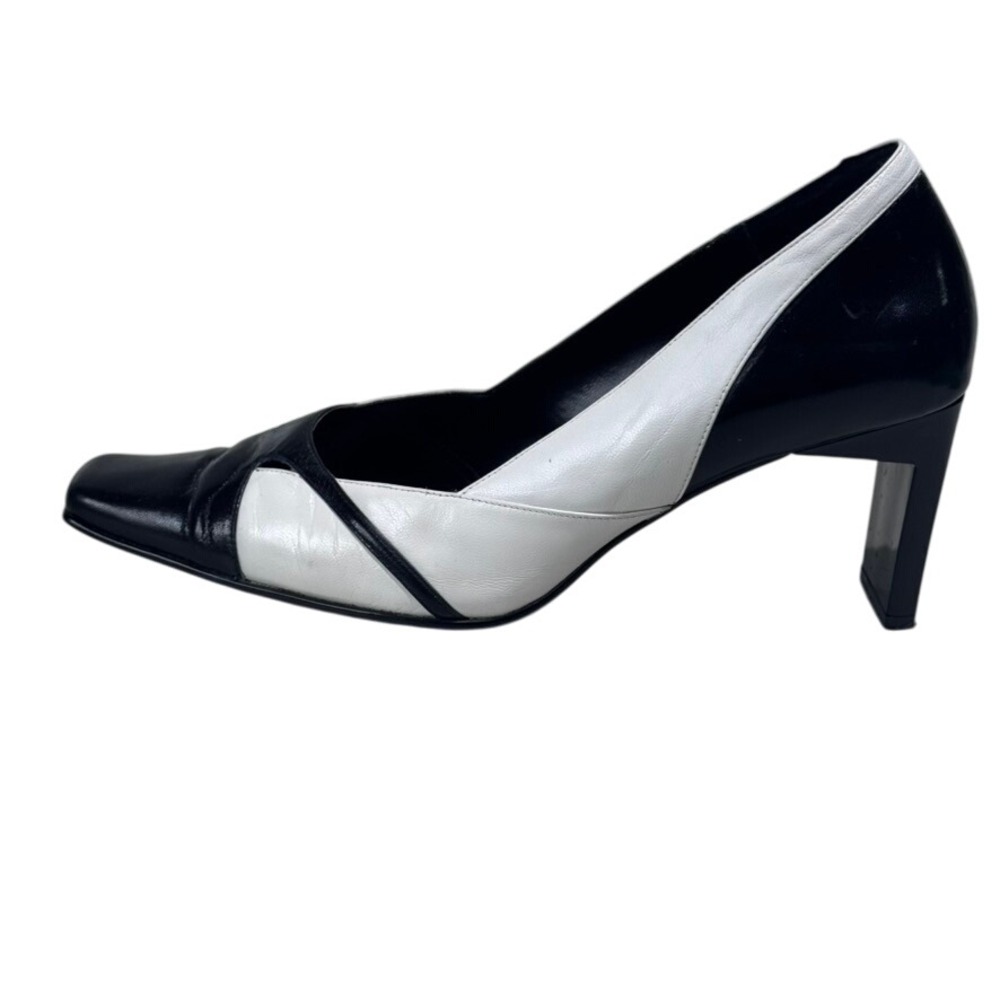 Details Black & White‎ Leather Heels Square Toe Block Heel Pumps